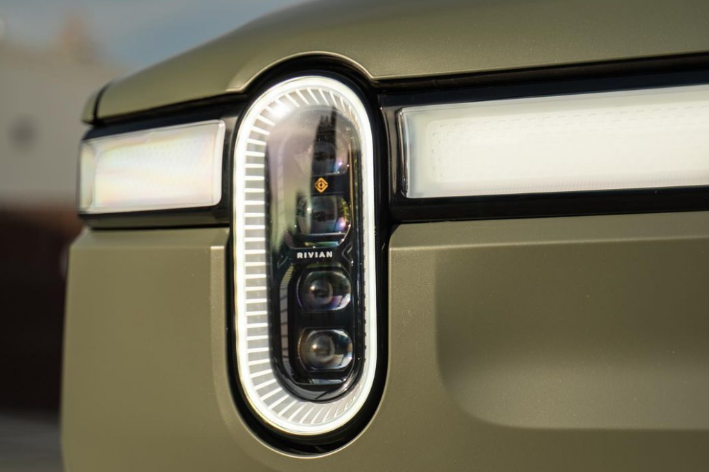 Close up of a Rivian R1T headlight with paint protection film